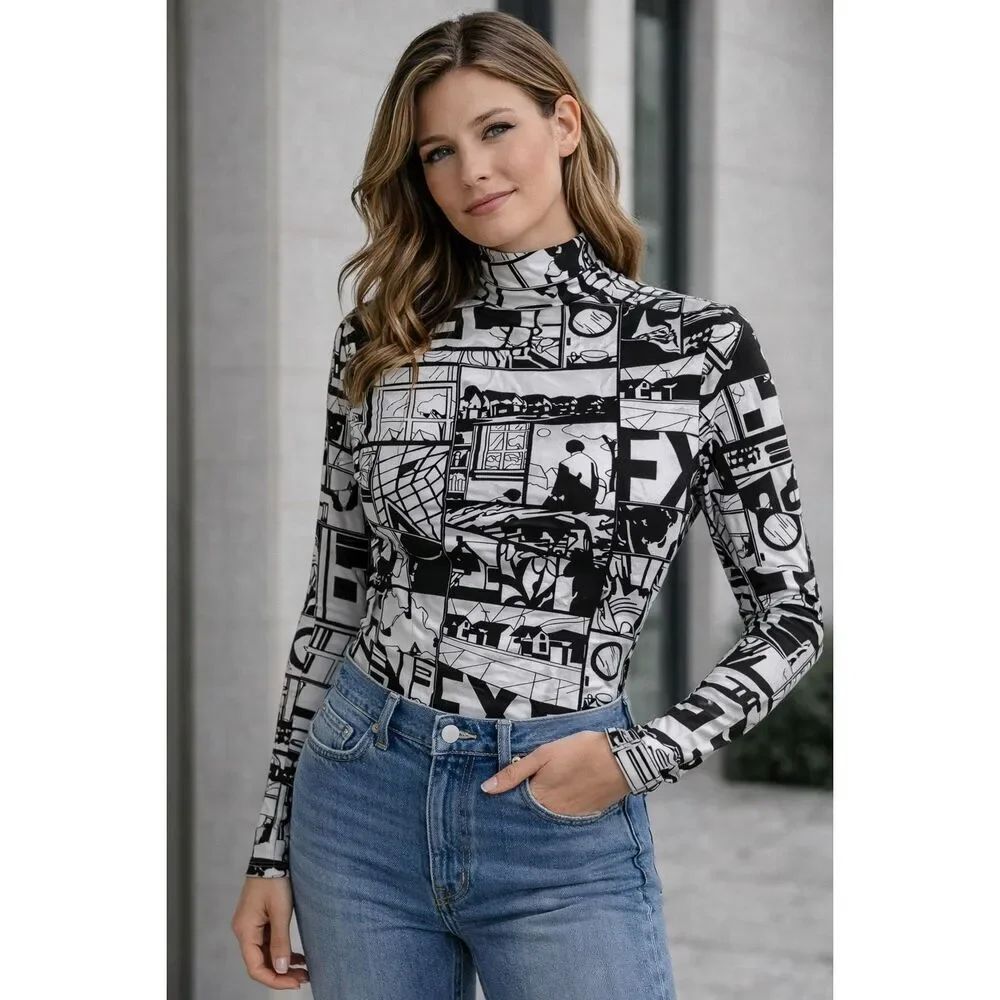 SHEIN Graphic Print Long Sleeve Top Black White Turtleneck Stretch Women Size M
